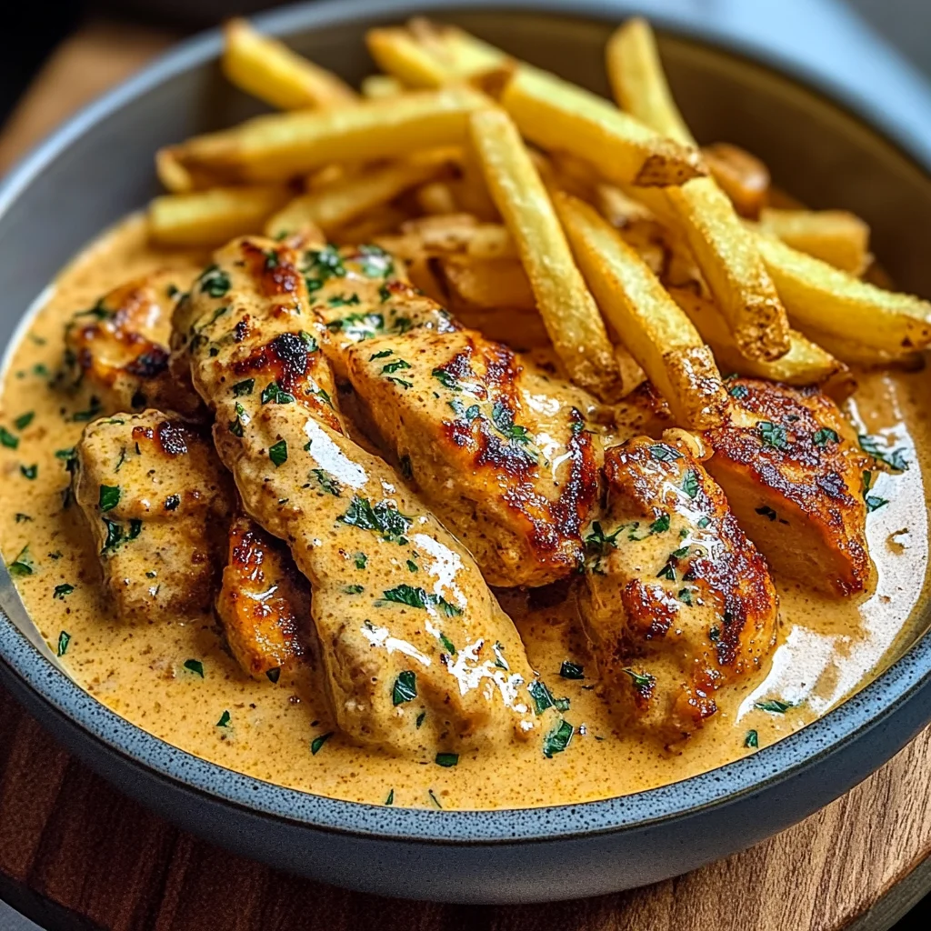 Creamy Butter Chicken in Garlic-Infused Sauce with Golden Crispy Fries