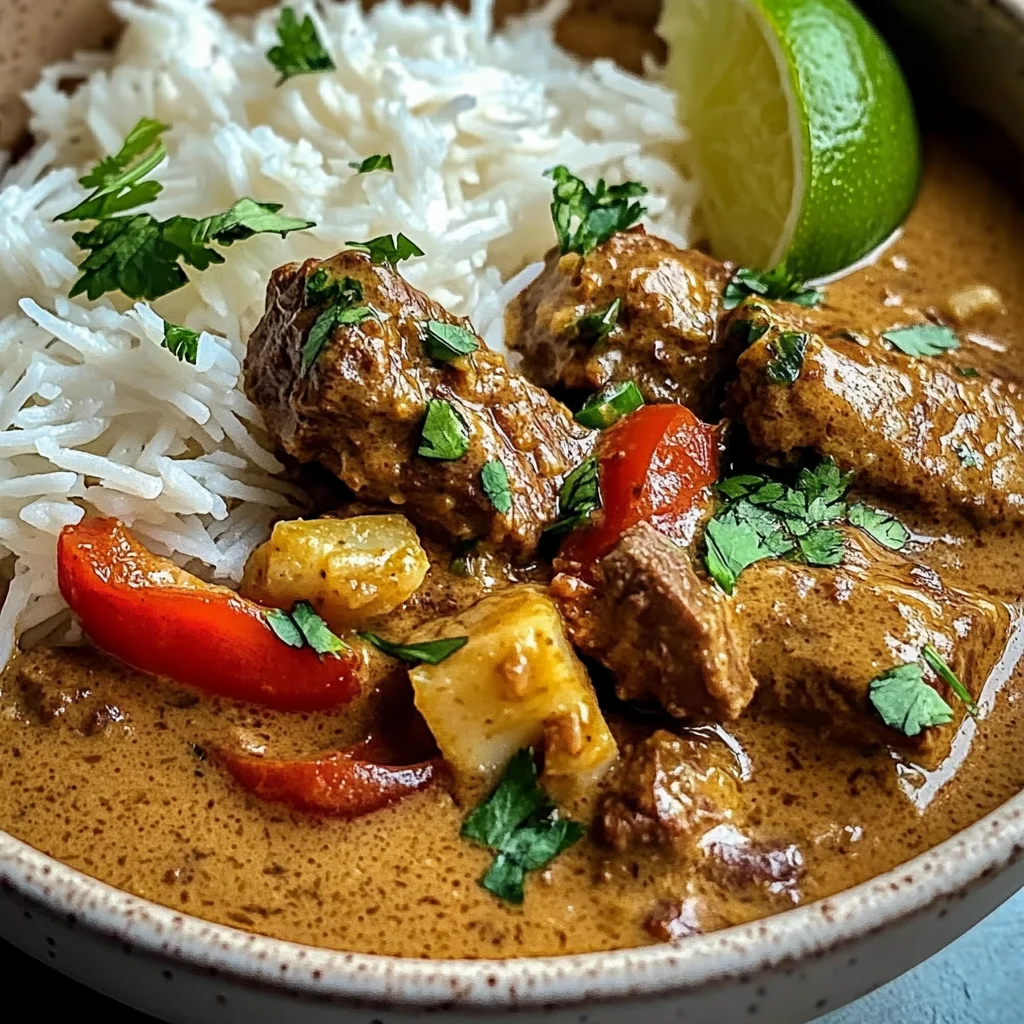 Creamy Coconut Curry Beef with Garlic Naan & Fries
