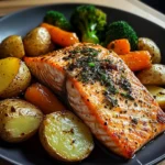 Garlic-Herb Salmon with Roasted Potatoes, Glazed Carrots & Broccoli