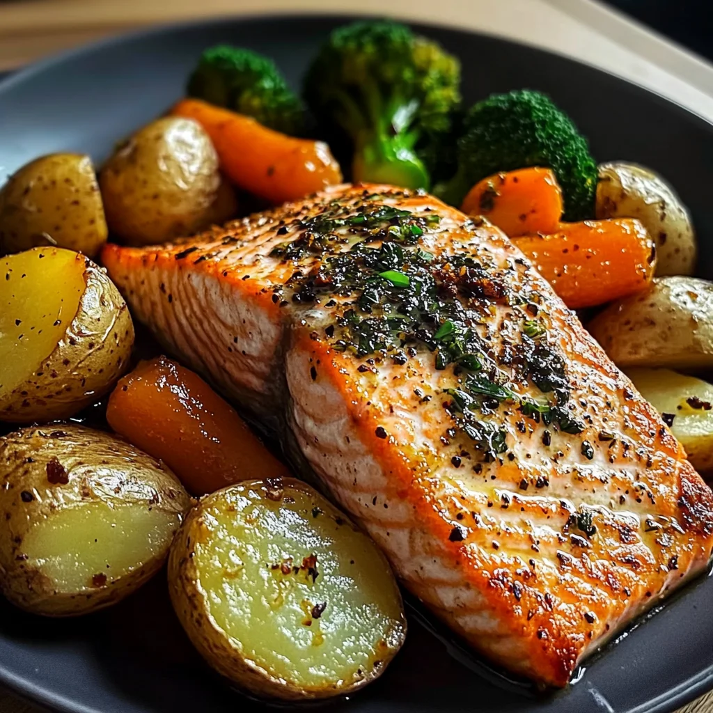 Garlic-Herb Salmon with Roasted Potatoes, Glazed Carrots & Broccoli