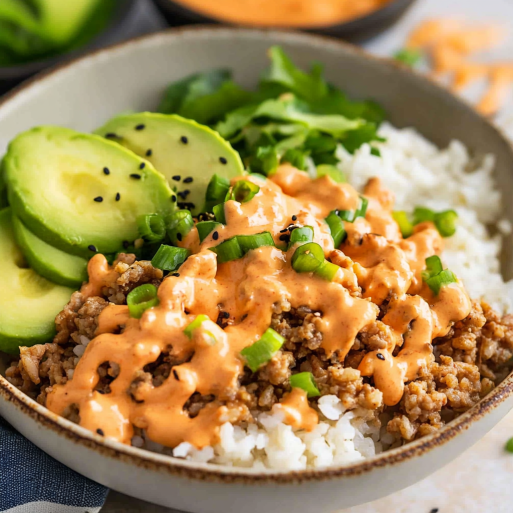 Ground Turkey Rice Bowls with Bang Bang Sauce